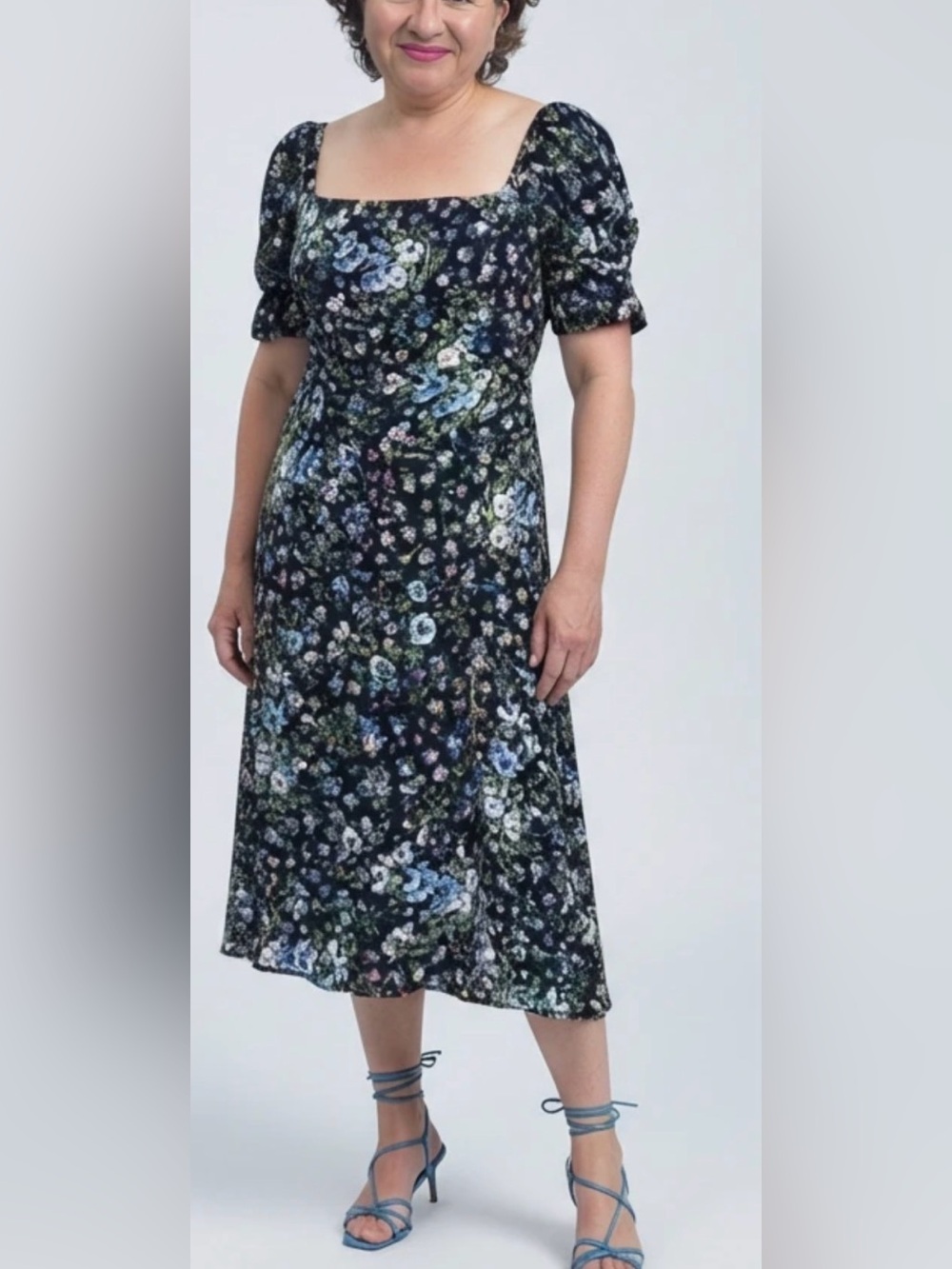Zara puffed sleeve summer midi dress black floral Size M